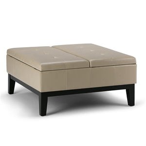 Simpli Home Dover Faux Leather Coffee Table Storage Ottoman in Cream