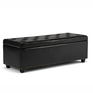 Simpli Home Hamilton 48&quot Transitional Rectangle Ottoman in Black Faux Leather