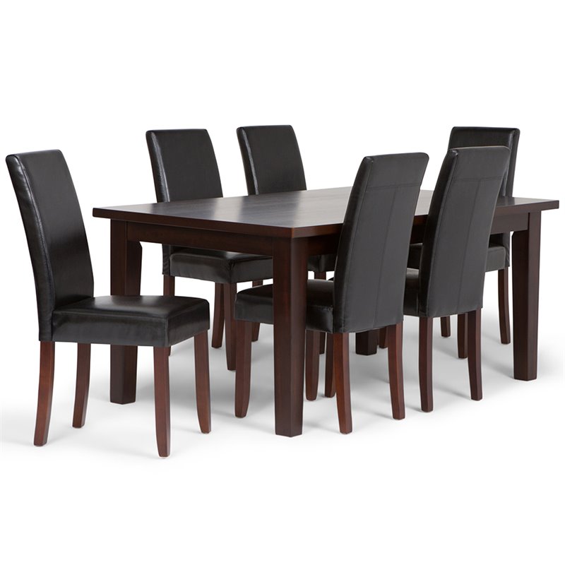 Simpli Home Acadian Transitional 7 Pc Dining Set with 6 Upholstered Parson Chairs in Midnight Black Faux Leather