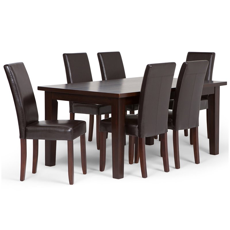 Simpli Home Acadian Transitional 7 Pc Dining Set with 6 Upholstered Parson Chairs in Tanners Brown Faux Leather