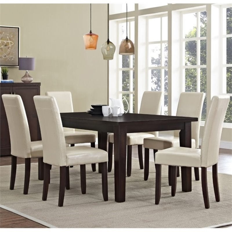 Simpli Home Acadian Transitional 7 Pc Dining Set with 6 Upholstered Parson Chairs in Satin Cream Faux Leather