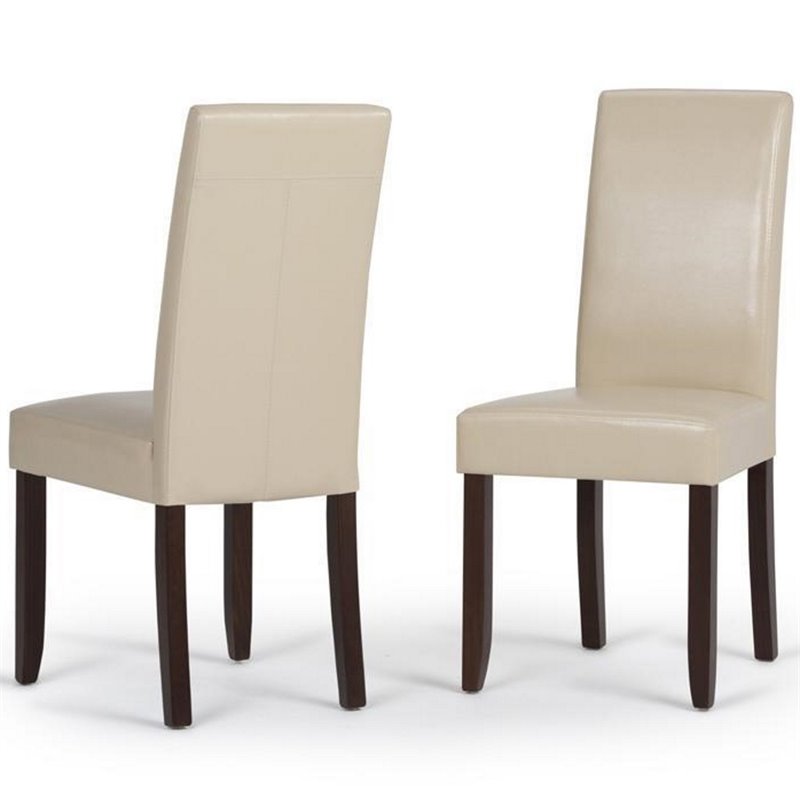 Simpli Home Acadian Transitional 7 Pc Dining Set with 6 Upholstered Parson Chairs in Satin Cream Faux Leather