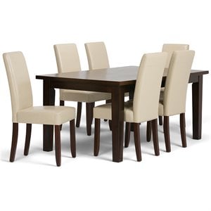 simpli home acadian transitional 7 pc dining set with 6 upholstered parson chairs in satin cream faux leather