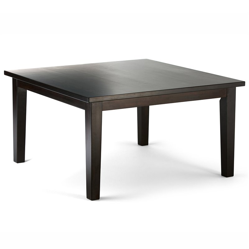 Simpli Home Acadian Transitional 9 Pc Dining Set with 8 Upholstered Parson Chairs in Tanners Brown Faux Leather