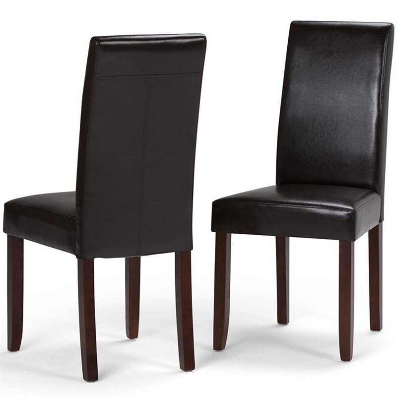 Simpli Home Acadian Transitional 9 Pc Dining Set with 8 Upholstered Parson Chairs in Tanners Brown Faux Leather