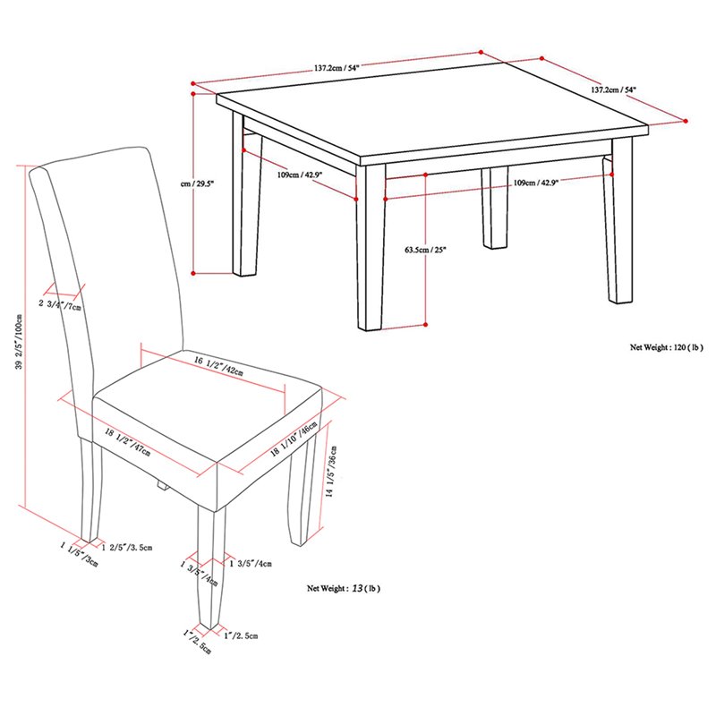 Simpli Home Acadian Transitional 9 Pc Dining Set with 8 Upholstered Parson Chairs in Tanners Brown Faux Leather