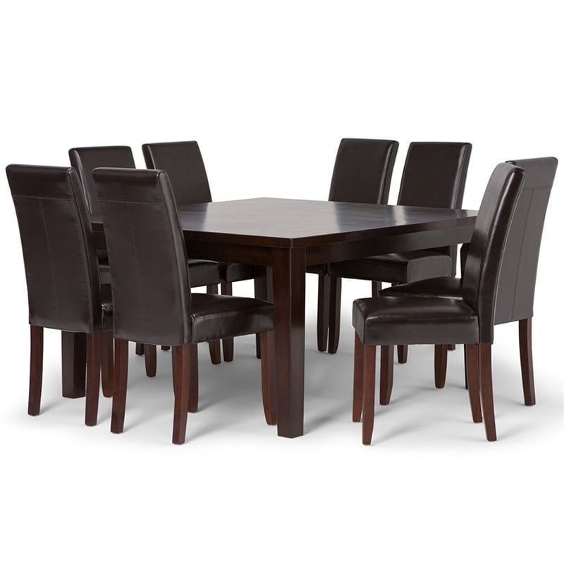 Simpli Home Acadian Transitional 9 Pc Dining Set with 8 Upholstered Parson Chairs in Tanners Brown Faux Leather
