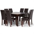 Simpli Home Acadian Transitional 9 Pc Dining Set with 8 Upholstered Parson Chairs in Tanners Brown Faux Leather