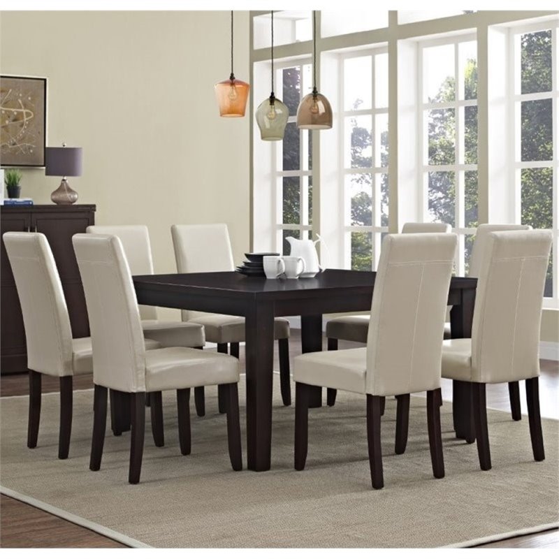 Simpli Home Acadian Transitional 9 Pc Dining Set with 8 Upholstered Parson Chairs in Satin Cream Faux Leather