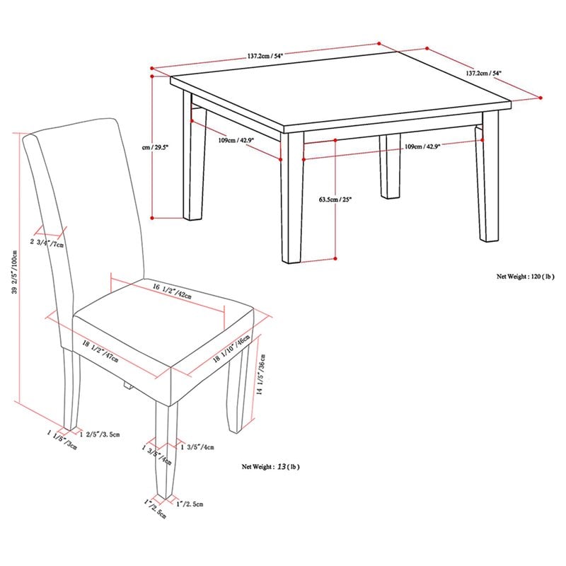 Simpli Home Acadian Transitional 9 Pc Dining Set with 8 Upholstered Parson Chairs in Satin Cream Faux Leather