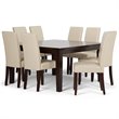 Simpli Home Acadian Transitional 9 Pc Dining Set with 8 Upholstered Parson Chairs in Satin Cream Faux Leather