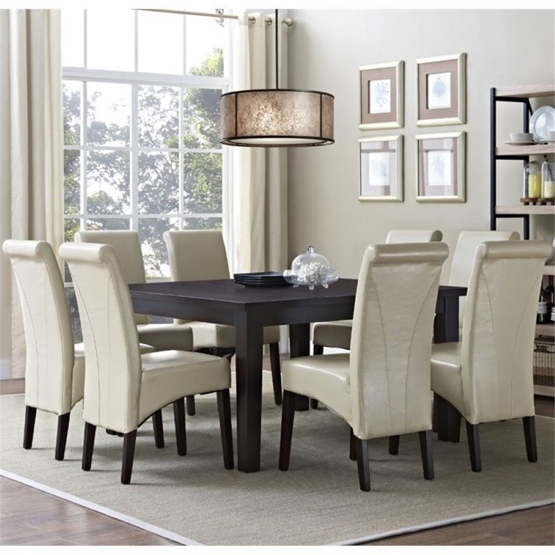 Avalon 9 Pc Dining Set with 6 Dining Chairs in Satin Cream Faux Leather