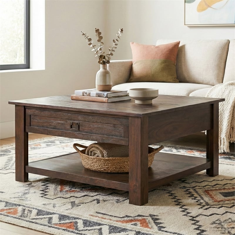 Simpli Home Monroe Coffee Table in Distressed Charcoal Brown
