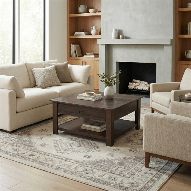 Simpli Home Monroe Coffee Table in Distressed Charcoal Brown