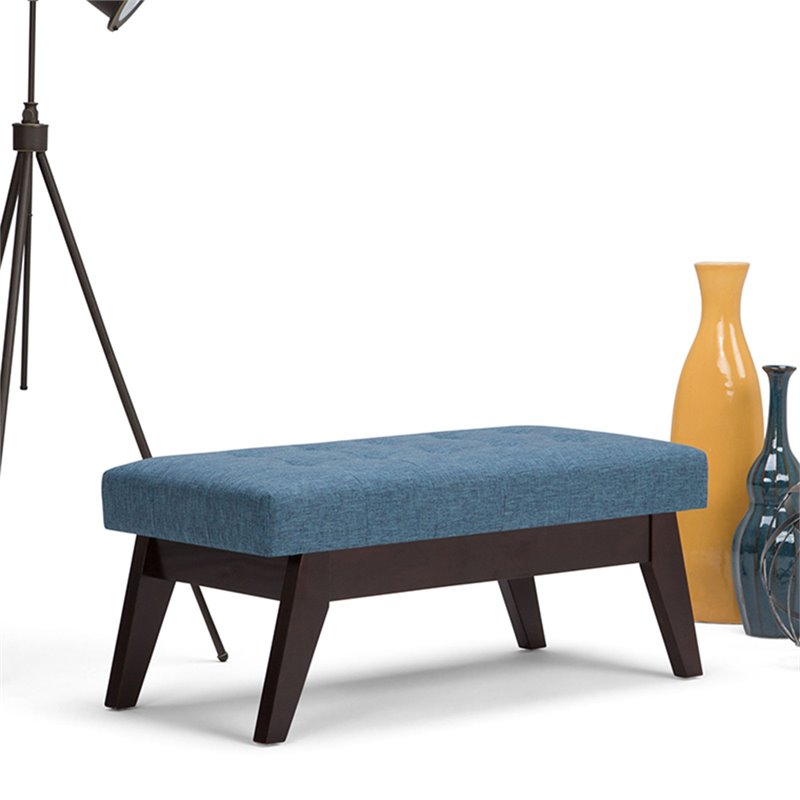 Draper 40 in. W Solidwood Tufted Ottoman Bench in Denim Blue Linen Look Fabric