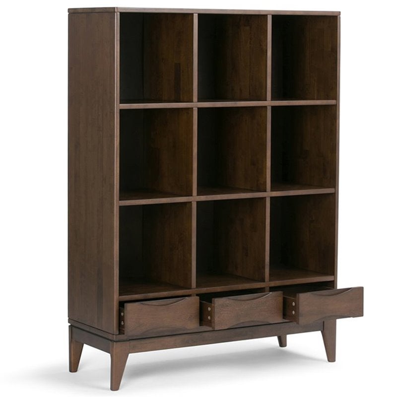 Simpli Home Harper Solid Hardood Cube Storage Bookcase in Walnut Brown
