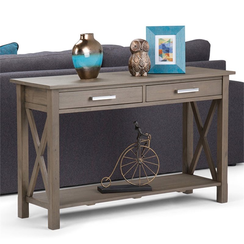 Simpli Home Kitchener Console Table in Farmhouse Gray