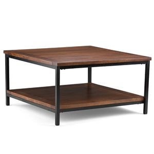 Simpli Home Skyler Mango Wood and Metal 34&quot Square Industrial Coffee Table in Dark Cognac Brown