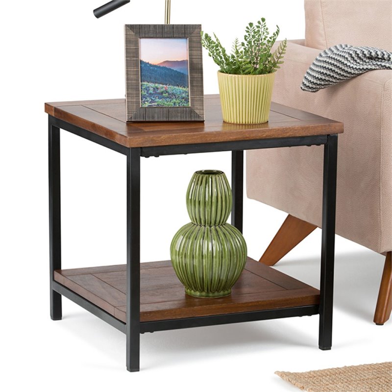 Skyler 22 in. W SOLID MANGO WOOD and Metal End Side Table in Dark Cognac Brown