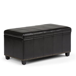 Simpli Home Amelia 34&quot Transitional Rectangle Ottoman Bench in Black Faux Leather