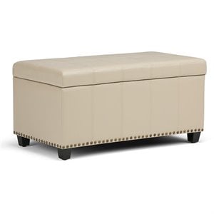 Amelia 34&quot W Rectangle Storage Ottoman Bench in Satin Cream Faux Leather