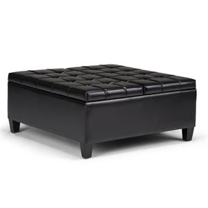 Simpli Home Harrison 36&quot Transitional Square Coffee Table Ottoman in Black Faux Leather
