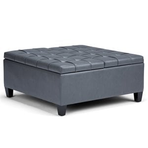 Simpli Home Harrison 36&quot Transitional Square Coffee Table Ottoman in Stone Gray Faux Leather