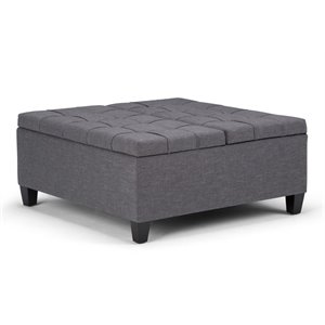 Simpli Home Harrison 36&quot Transitional Square Coffee Table Ottoman in Gray Linen Look Fabric