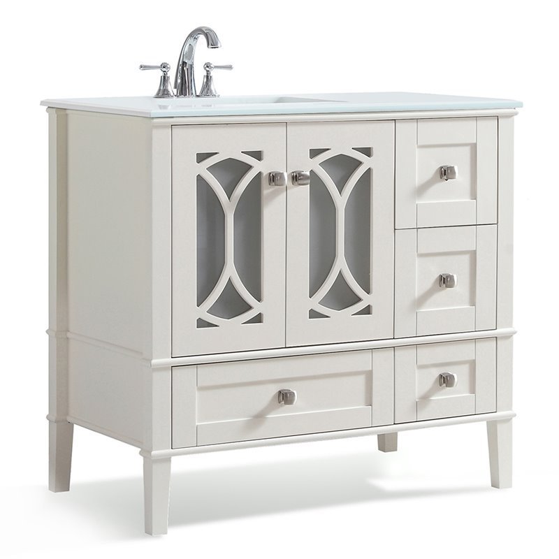 Simpli Home Paige 36 White Quartz Marble Top Bathroom Vanity In White Axcvpaw 36l