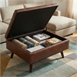 Simpli Home Owen Faux Leather Storage Coffee Table Ottoman in Saddle Brown