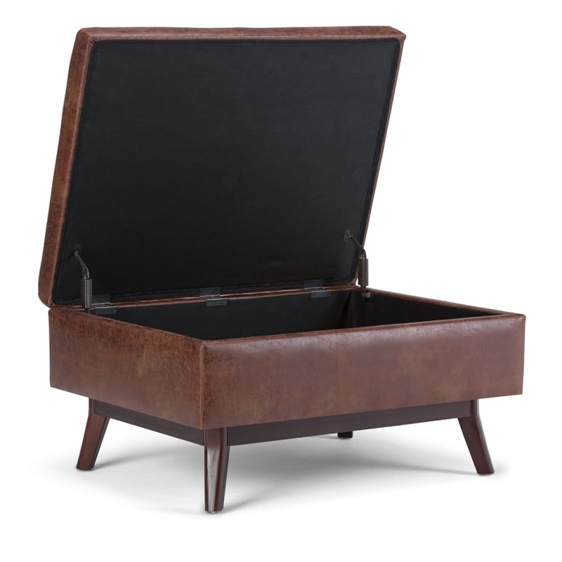 Simpli Home Owen Faux Leather Storage Coffee Table Ottoman in Saddle Brown