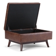 Simpli Home Owen Faux Leather Storage Coffee Table Ottoman in Saddle Brown