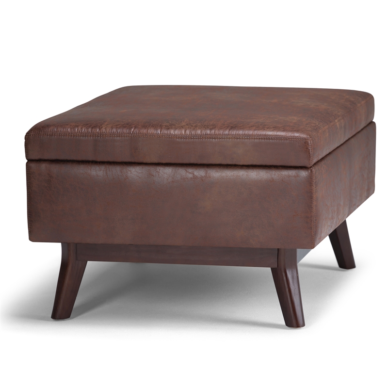 Simpli Home Owen Faux Leather Storage Coffee Table Ottoman in Saddle Brown