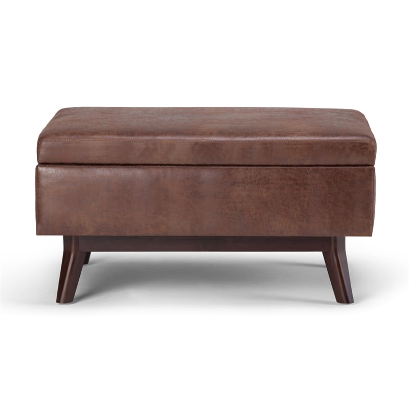 Simpli Home Owen Faux Leather Storage Coffee Table Ottoman in Saddle Brown