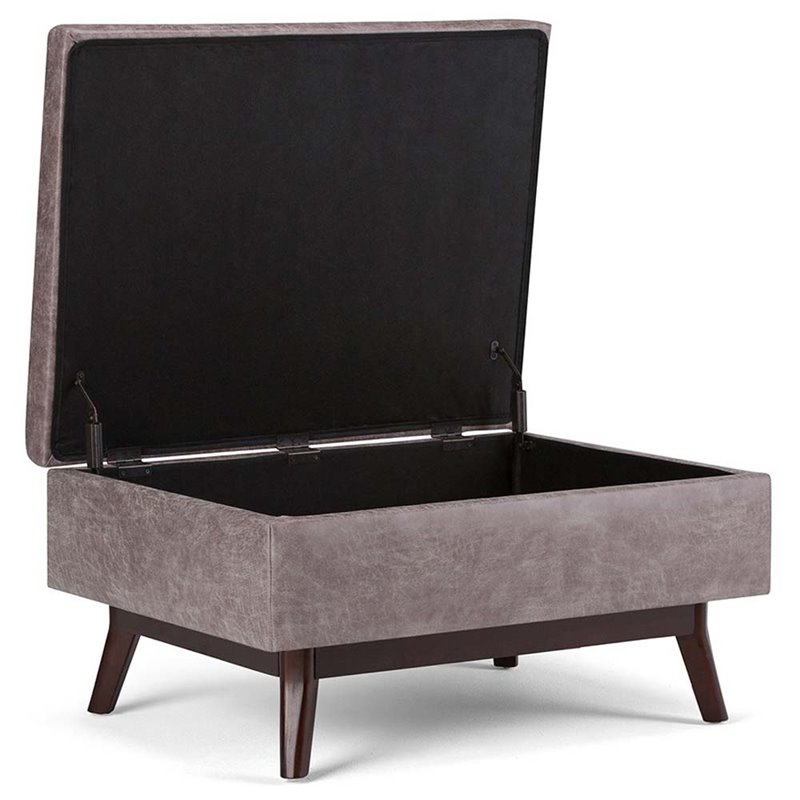 Simpli Home Owen Faux Leather Storage Coffee Table Ottoman in Gray Taupe