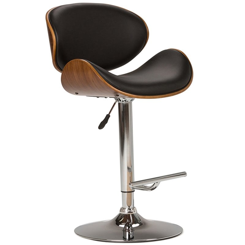 Marana 37 - 45 inch Seat Height Mid Century Modern Bentwood Adjustable Swivel Bar Stool in Black Vegan Leather
