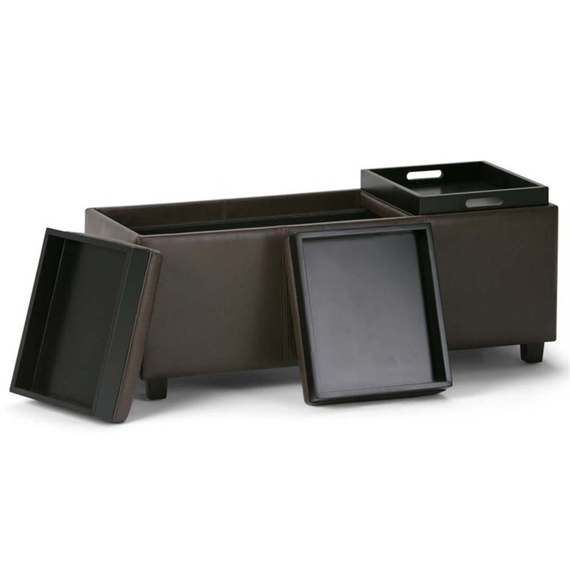 Simpli Home Avalon 3 Faux Leather Tray Bench in Chocolate Brown