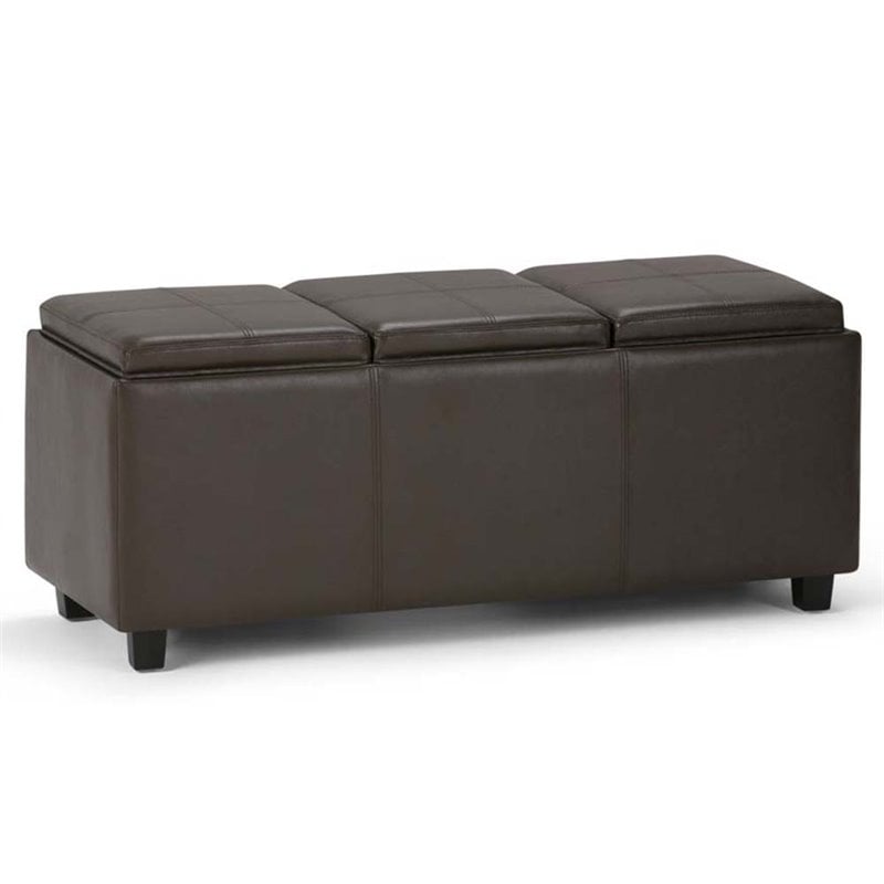 Simpli Home Avalon 3 Faux Leather Tray Bench in Chocolate Brown