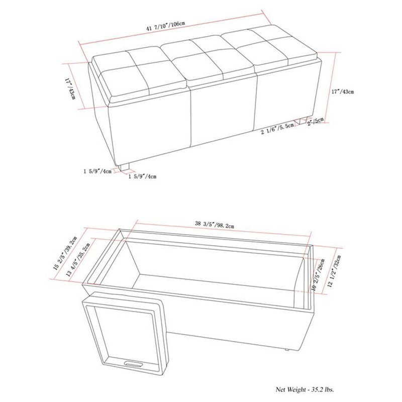 Simpli Home Avalon 3 Faux Leather Tray Bench in Stone Gray