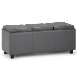 Simpli Home Avalon 3 Faux Leather Tray Bench in Stone Gray