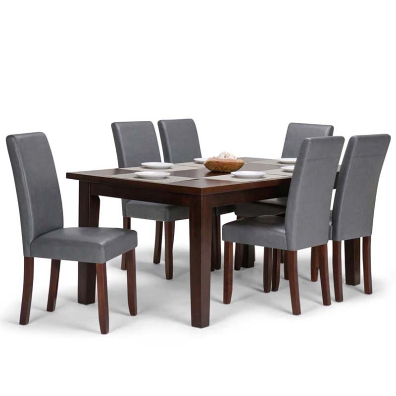 Acadian 7 Pc Dining Set with 6 Parson Chairs in Stone Gray Faux Leather