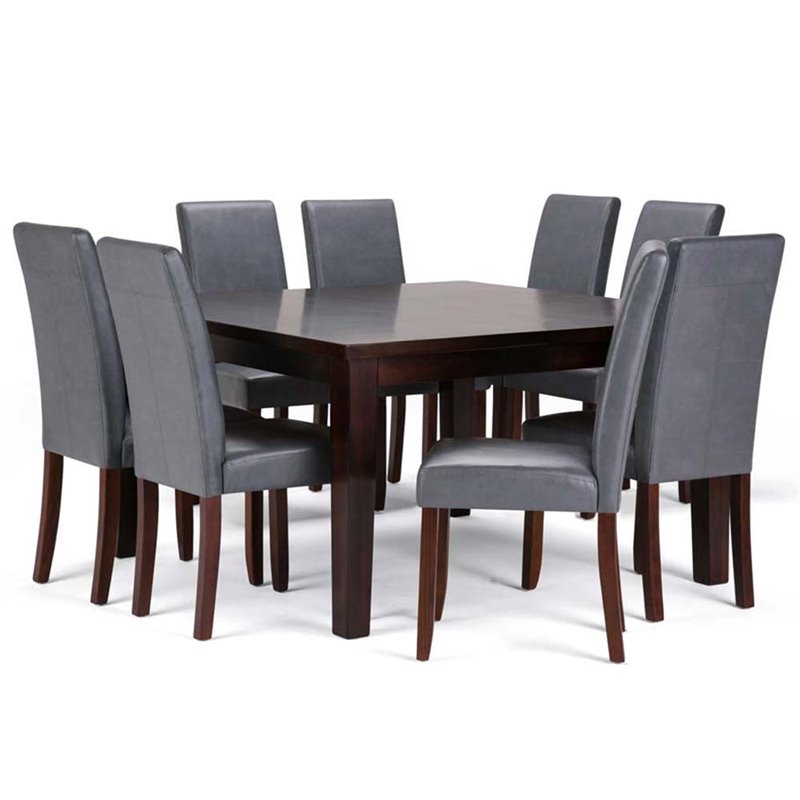 Acadian Transitional 9Pc Dining Set with 8Parson Chairs in Gray Faux Leather