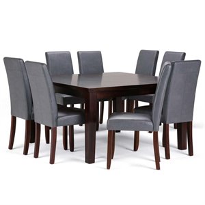 simpli home acadian transitional 9 pc dining set with 8 upholstered parson chairs in stone gray faux leather