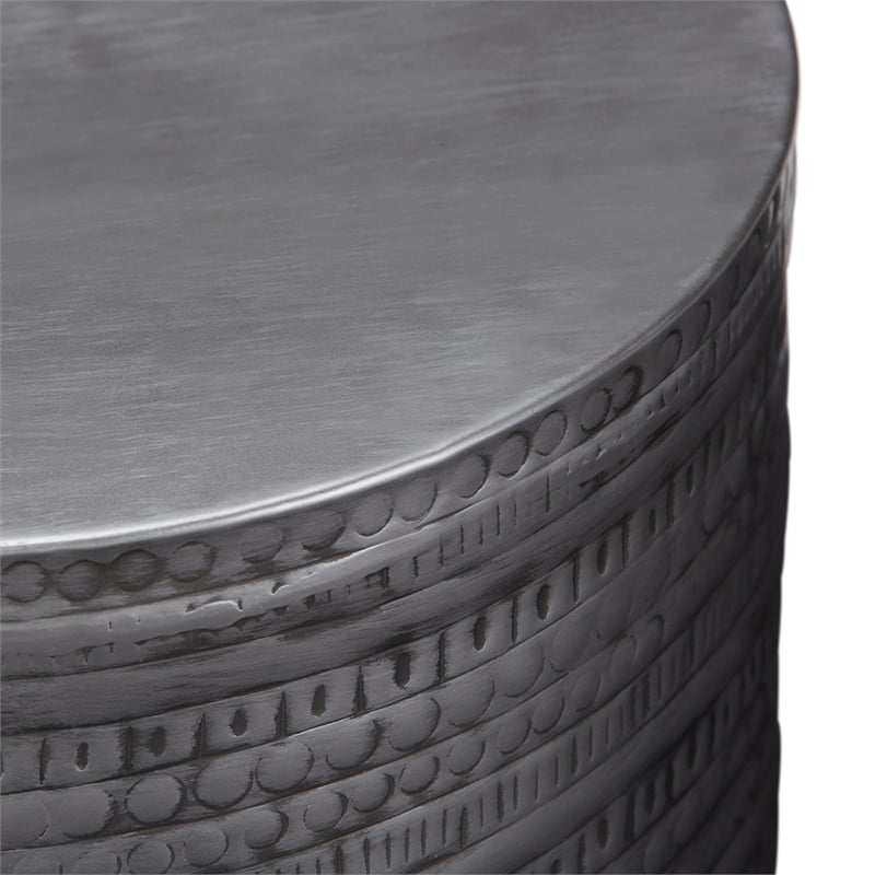 johnsen 15&quot wide tribal pattern metal accent table in antique silver iron