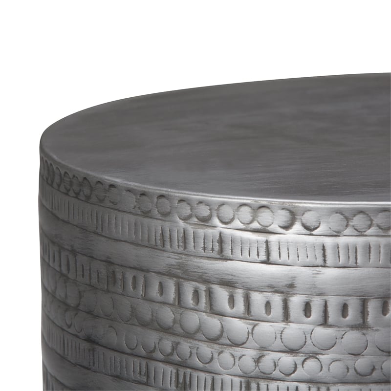 johnsen 15&quot wide tribal pattern metal accent table in antique silver iron