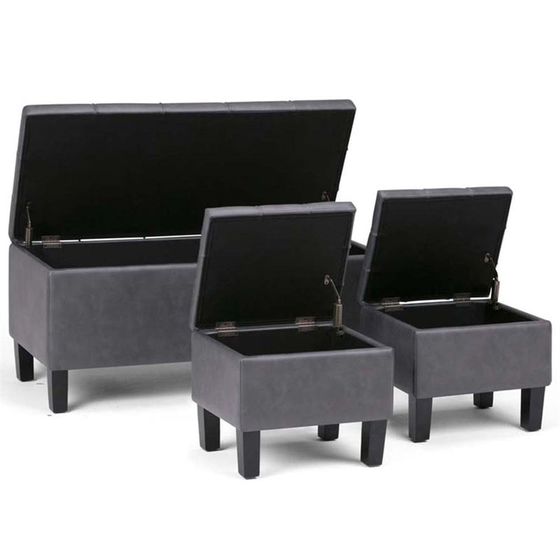 Simpli Home Dover 3 Pc Faux Leather Storage Bench in Stone Gray