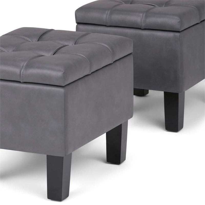 Simpli Home Dover 3 Pc Faux Leather Storage Bench in Stone Gray