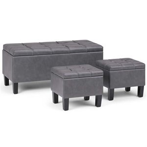 simpli home dover 3 pc faux leather storage bench in stone gray