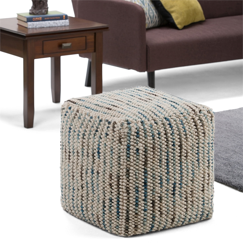 Simpli Home Zoey 18 inch Wide Boho Cube Pouf in Multi-Color Wool and Cotton