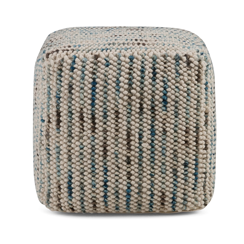 Simpli Home Zoey 18 inch Wide Boho Cube Pouf in Multi-Color Wool and Cotton